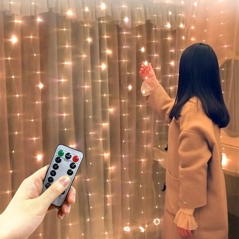 3 Colors Curtain String Lights with Remote Control